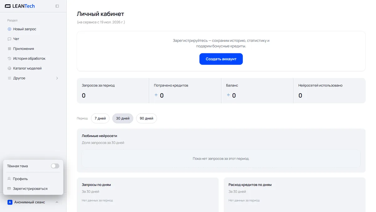 Стартовый экран платформы: выбор нейросети Anyword без VPN